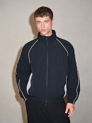 Black EDIT Piped Lightweight Funnel Neck Windbreaker Jacket - Image 2 of 12