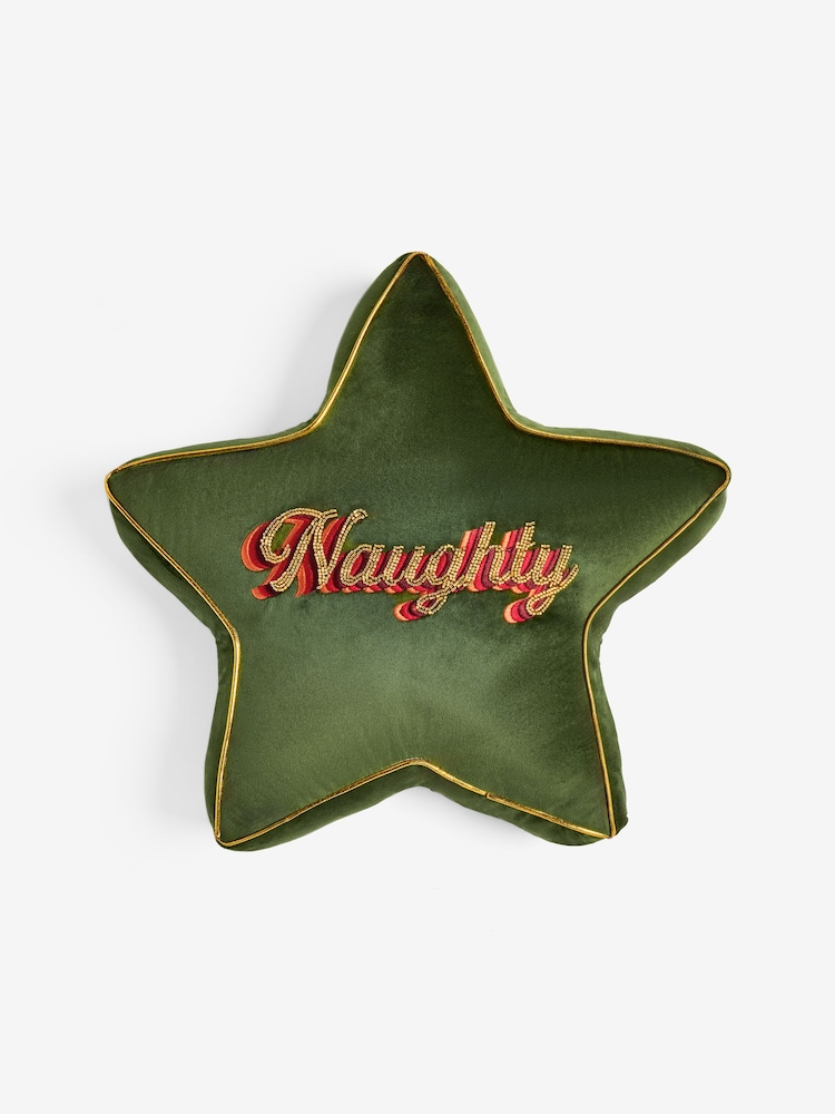 Rockett St George Green Reversible Naughty and Nice Embroidered Cushion - Image 1 of 6 Rockett St George Green Reversible Naughty and Nice Embroidered Cushion - Image 1 of 6