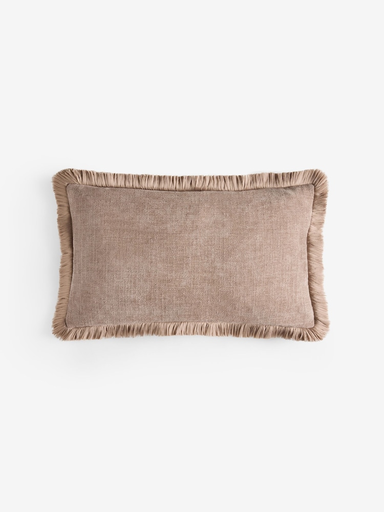 Dark Natural 40 x 59cm Chunky Fringe Velvet Chenille Cushion - Image 1 of 2 Dark Natural 40 x 59cm Chunky Fringe Velvet Chenille Cushion - Image 1 of 2