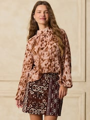 Pink Animal Print Textured High Neck Long Sleeve Blouse - Image 3 of 8