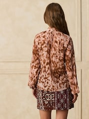 Pink Animal Print Textured High Neck Long Sleeve Blouse - Image 4 of 8