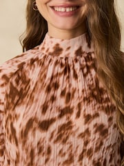 Pink Animal Print Textured High Neck Long Sleeve Blouse - Image 5 of 8