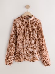 Pink Animal Print Textured High Neck Long Sleeve Blouse - Image 6 of 8