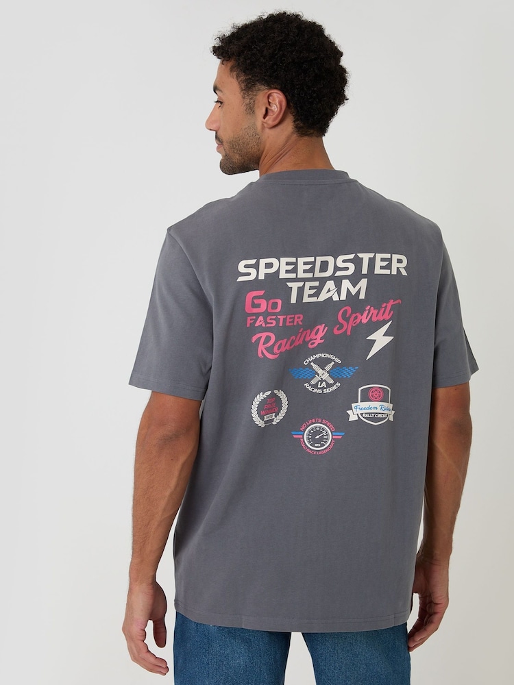 Threadbare Grey Relaxed Fit Pizza Peached Cotton T-Shirt - Image 1 of 4