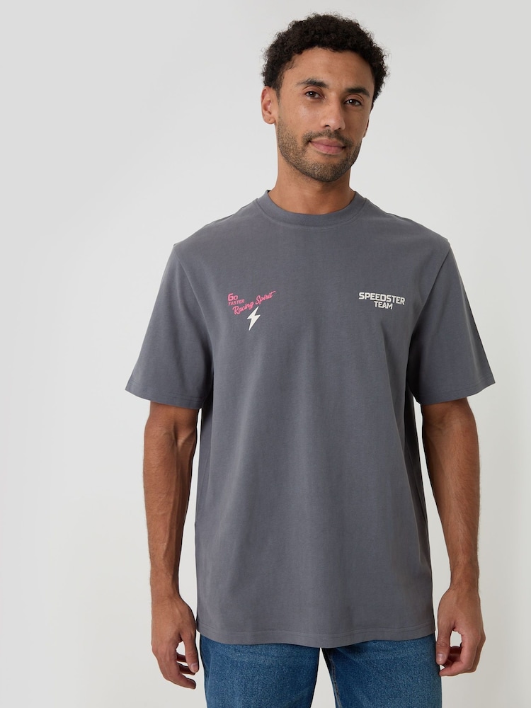 Threadbare Grey Relaxed Fit Pizza Peached Cotton T-Shirt - Image 2 of 4