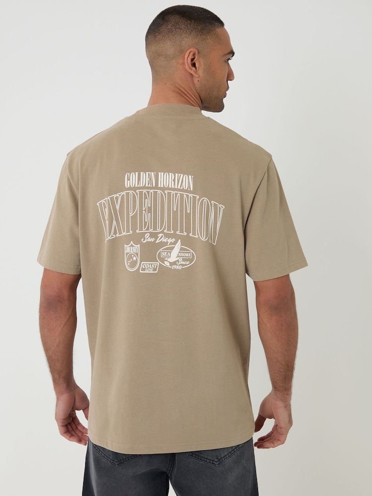 Threadbare Brown Relaxed Fit Expedition Peached Cotton T-Shirt - Image 1 of 4 Threadbare Brown Relaxed Fit Expedition Peached Cotton T-Shirt - Image 1 of 4