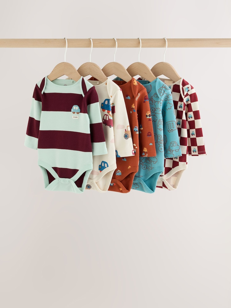Blue/Burgundy Transport Long Sleeve Bodysuits 5 Pack - Image 1 of 10