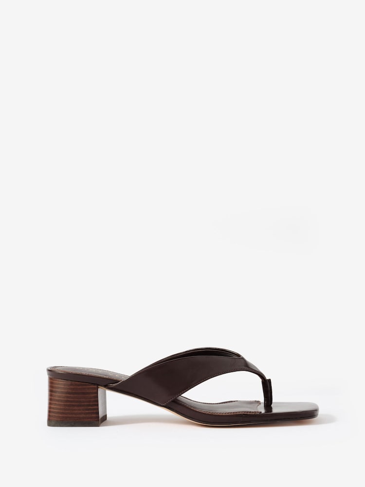 Mint Velvet Chocolate Brown Millie Leather Block Flip Flop Heels - Image 1 of 4
