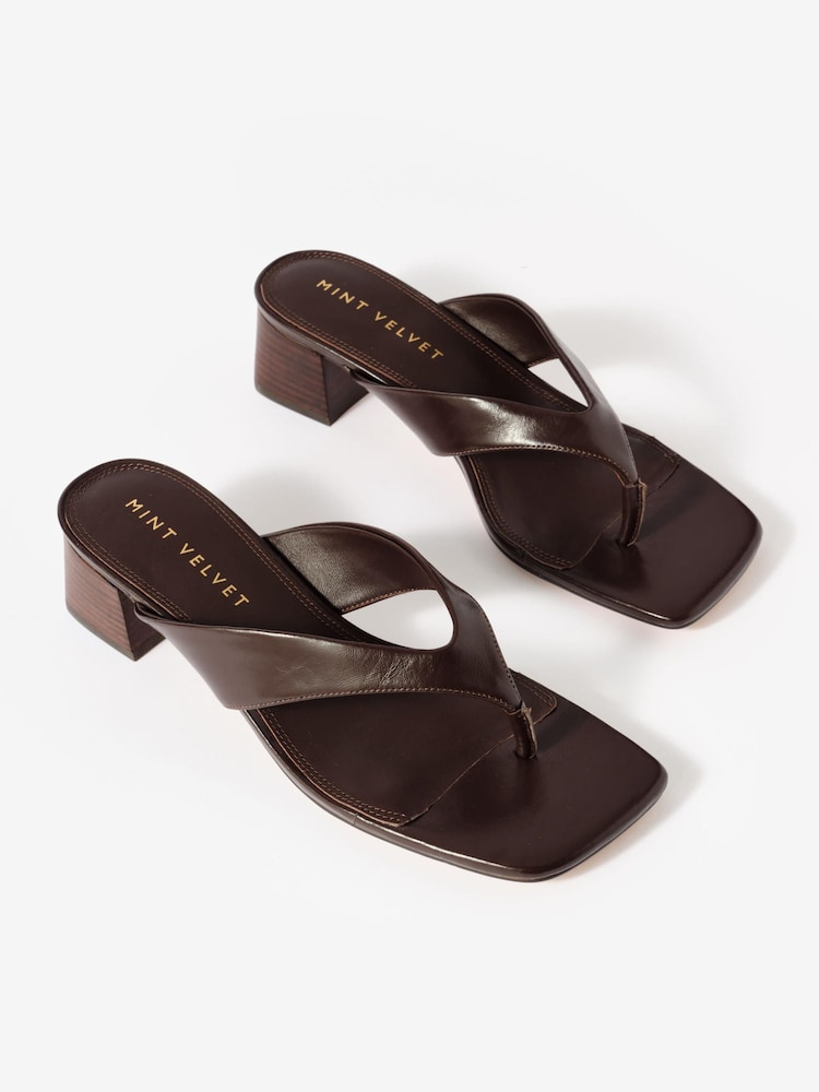 Mint Velvet Chocolate Brown Millie Leather Block Flip Flop Heels - Image 2 of 4