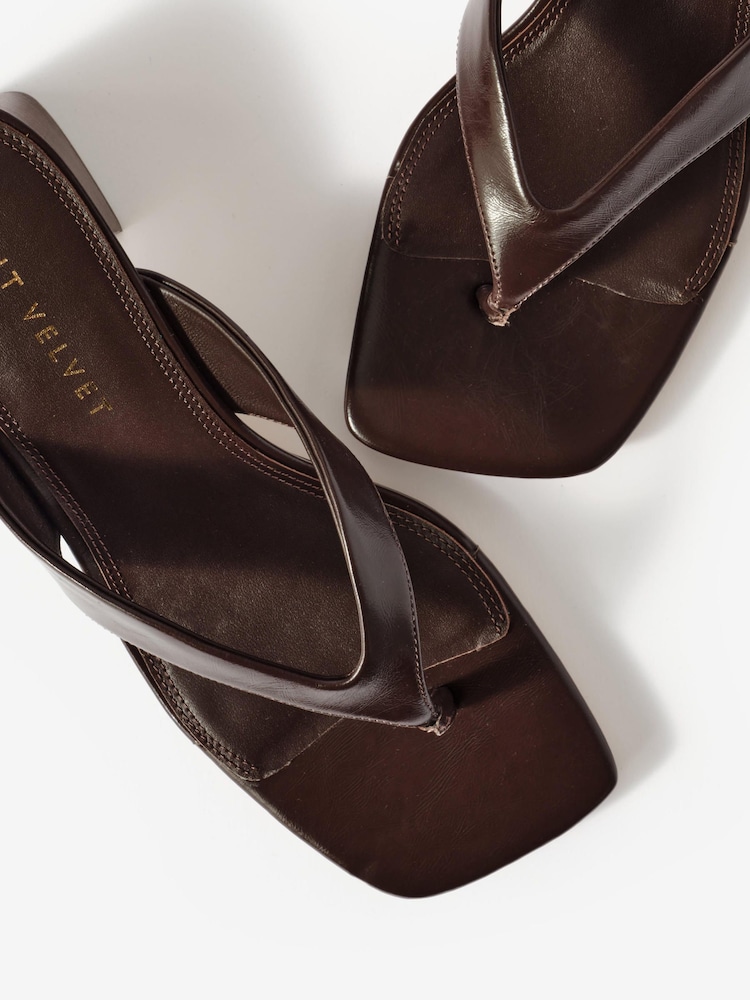 Mint Velvet Chocolate Brown Millie Leather Block Flip Flop Heels - Image 4 of 4