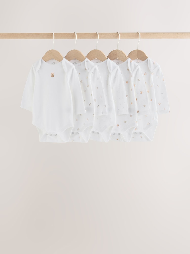 White Mini Safari Animals Long Sleeve Baby Bodysuits 5 Pack - Image 1 of 11 White Mini Safari Animals Long Sleeve Baby Bodysuits 5 Pack - Image 1 of 11