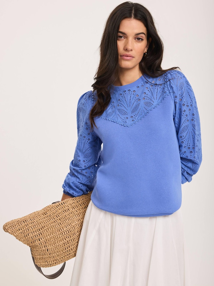 Mint Velvet Blue Cotton Blend Broderie Sweatshirt - Image 1 of 7