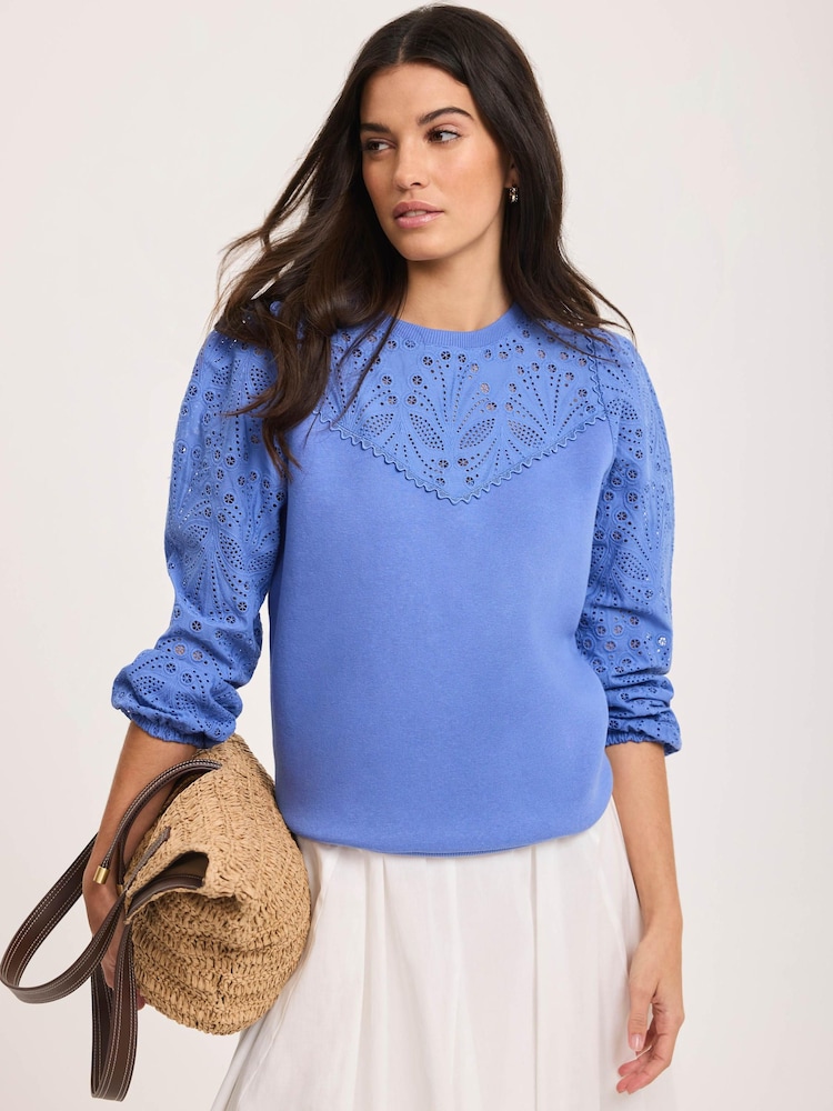 Mint Velvet Blue Cotton Blend Broderie Sweatshirt - Image 2 of 7
