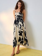 Black/ Cream Ruched Bandeau Midi Dress - Image 1 of 4