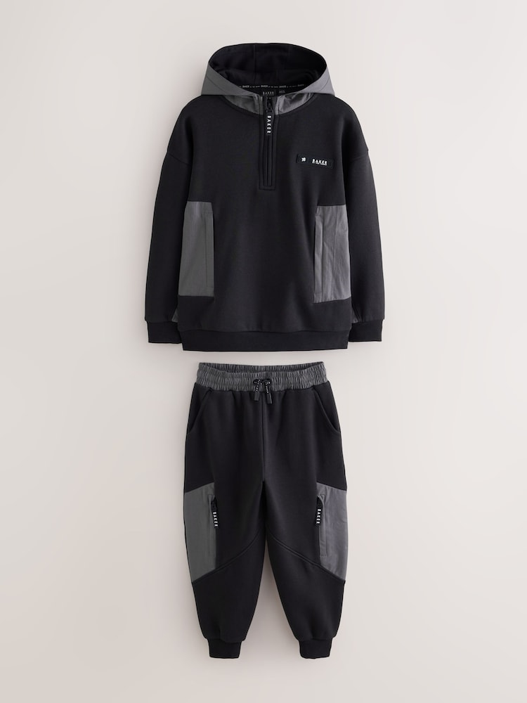 Baker by Ted Baker Black/Grey Oversized Blue Funnel Neck Hoodie and Joggers Set - Image 1 of 7 Baker by Ted Baker Black/Grey Oversized Blue Funnel Neck Hoodie and Joggers Set - Image 1 of 7