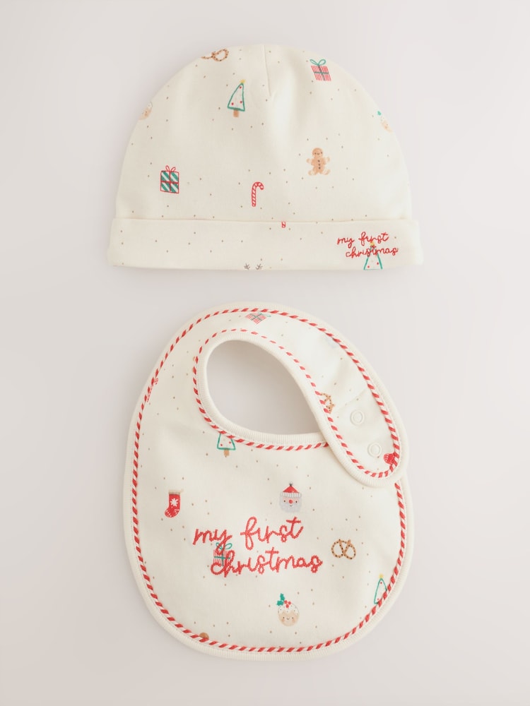 White/Red My First Christmas Baby Hat & Bib Set (0-12mths) - Image 1 of 6 White/Red My First Christmas Baby Hat & Bib Set (0-12mths) - Image 1 of 6