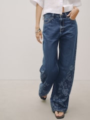 Dark Floral Embroidered High Rise City Wide Leg Jeans - Image 2 of 9
