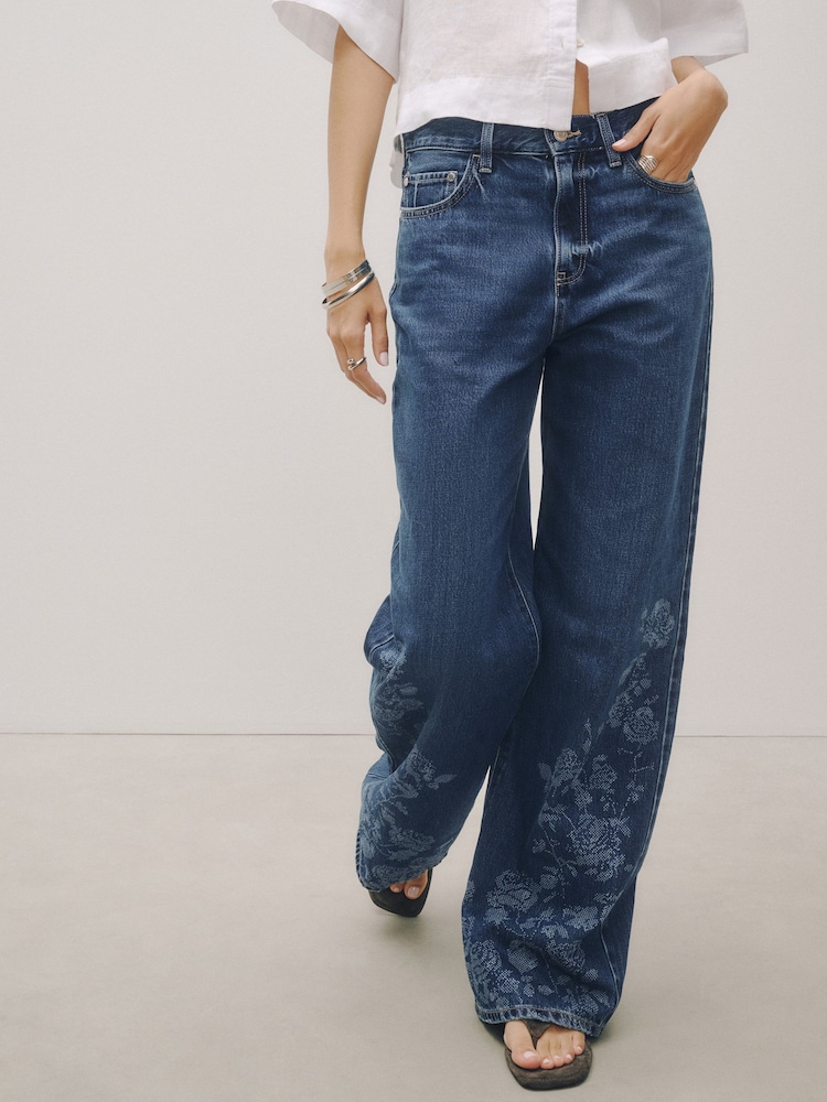 Dark Floral Embroidered High Rise City Wide Leg Jeans - Image 2 of 9