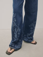 Dark Floral Embroidered High Rise City Wide Leg Jeans - Image 6 of 9