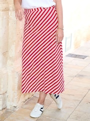 Cotton Traders Red Pull On Stripe Jersey Midi Skirt - Image 1 of 3