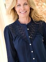 Cotton Traders Blue Lace Trim Crinkle Blouse - Image 4 of 4