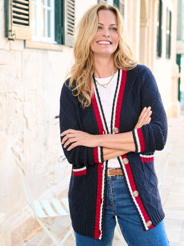 Cotton Traders Blue Longline Contrast Trim Cardigan - Image 1 of 4