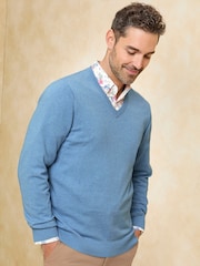 Cotton Traders Blue Cotton V-Neck Jumper - Image 1 of 4