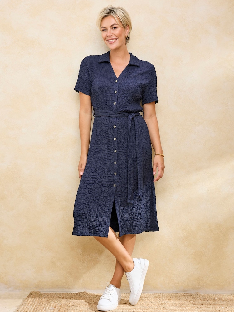 Cotton Traders Blue Textured Jersey Midi Shirt Dress - Image 1 of 3