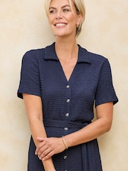 Cotton Traders Blue Textured Jersey Midi Shirt Dress - Image 3 of 3