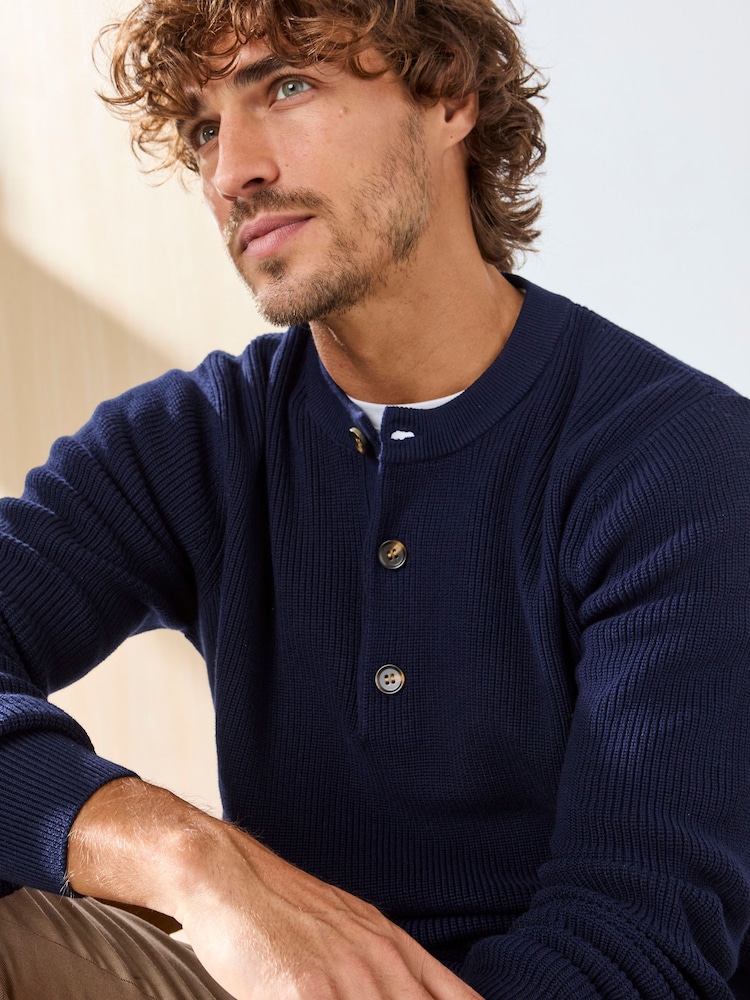 Cotton Traders Blue Signature Button Crew Neck Jumper - Image 4 of 4 Cotton Traders Blue Signature Button Crew Neck Jumper - Image 4 of 4