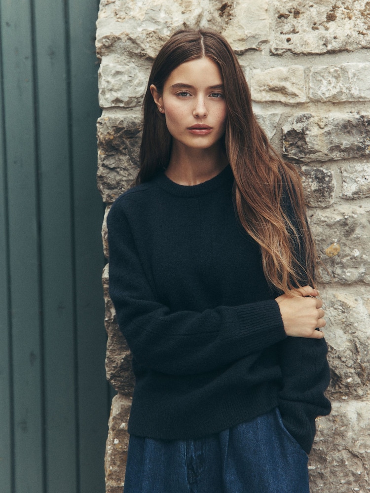Laura Ashley Navy Crew Neck Jumper With A Touch Of Wool - Image 1 of 4 Laura Ashley Navy Crew Neck Jumper With A Touch Of Wool - Image 1 of 4