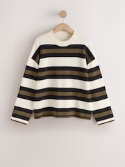 Ecru Cream & Sage Striped Knit Look Crew Neck Jumper - Image 1 of 3