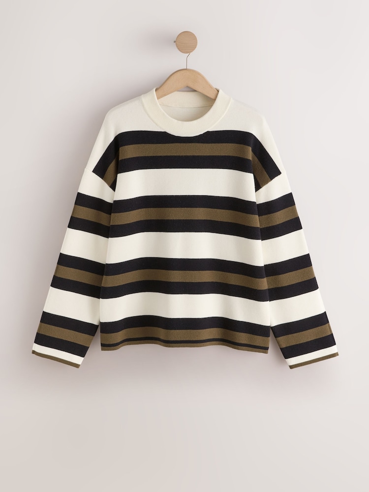 Ecru Cream & Sage Striped Knit Look Crew Neck Jumper - Image 1 of 3