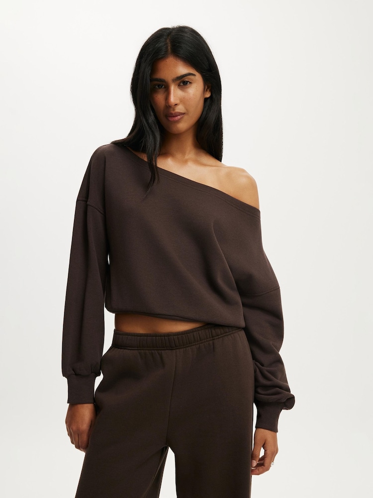 Cotton On Brown Relaxed Off Shoulder Sweatshirt - Image 1 of 5 Cotton On Brown Relaxed Off Shoulder Sweatshirt - Image 1 of 5