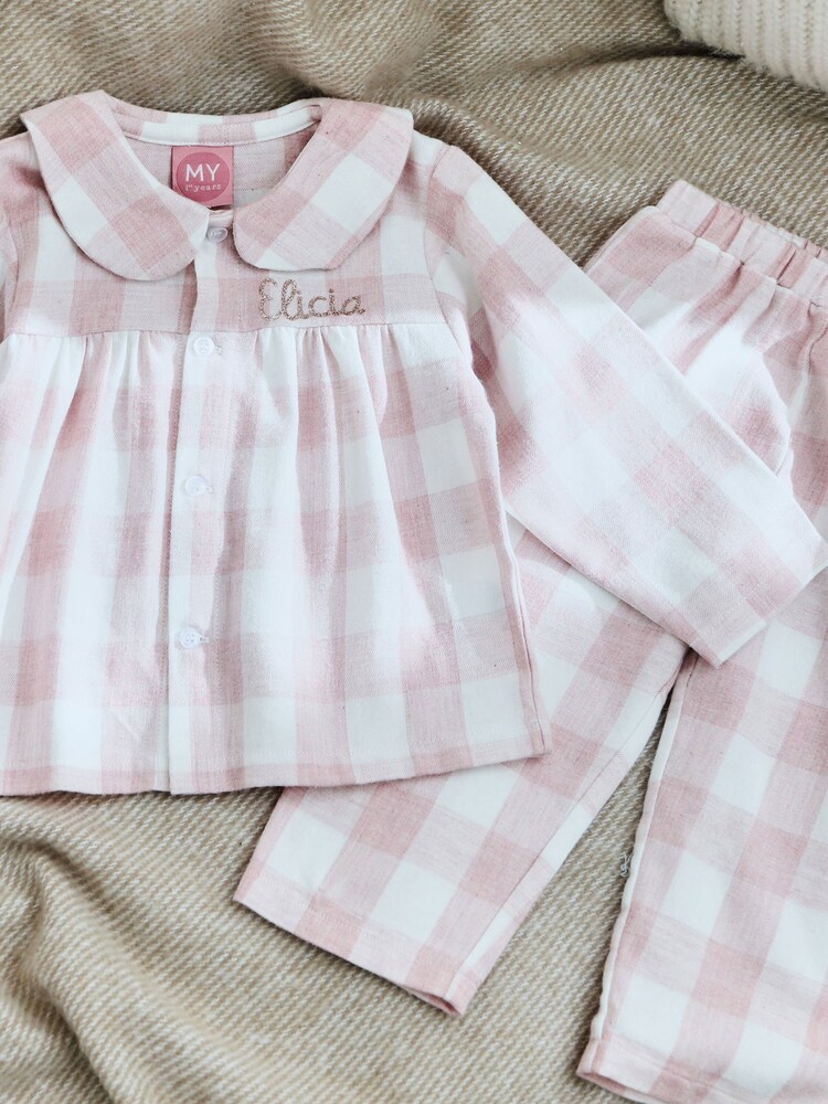 Personalised Traditional Pink Checkered Pyjamas Set - Image 1 of 3