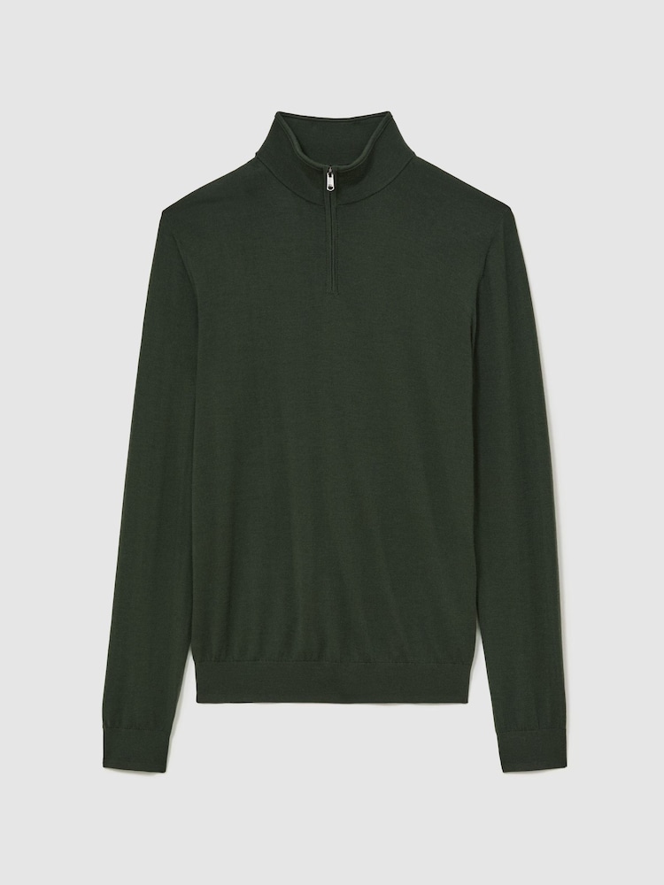 Reiss Dark Green Blackhall Merino Wool Half-Zip Funnel-Neck Jumper - Image 2 of 6
