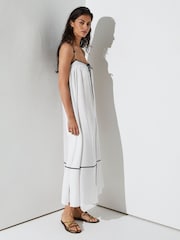 Reiss Ivory/Navy Isla Tipped Tie-Detail Midi Beach Dress - Image 1 of 6