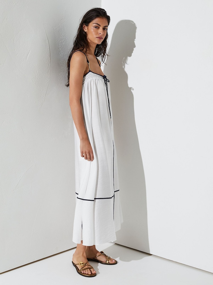 Reiss Ivory/Navy Isla Tipped Tie-Detail Midi Beach Dress - Image 1 of 6 Reiss Ivory/Navy Isla Tipped Tie-Detail Midi Beach Dress - Image 1 of 6