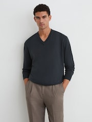 Reiss Vulcan Grey Earlsfield Merino Wool V-Neck Jumper - Image 1 of 6