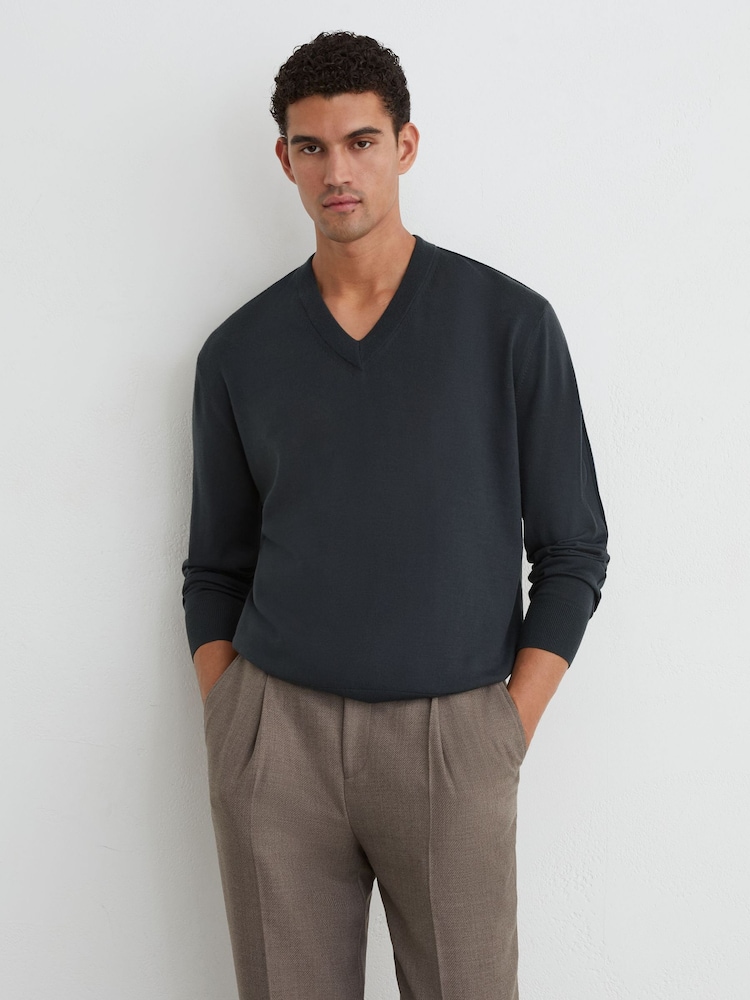 Reiss Vulcan Grey Earlsfield Merino Wool V-Neck Jumper - Image 1 of 6