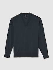 Reiss Vulcan Grey Earlsfield Merino Wool V-Neck Jumper - Image 2 of 6