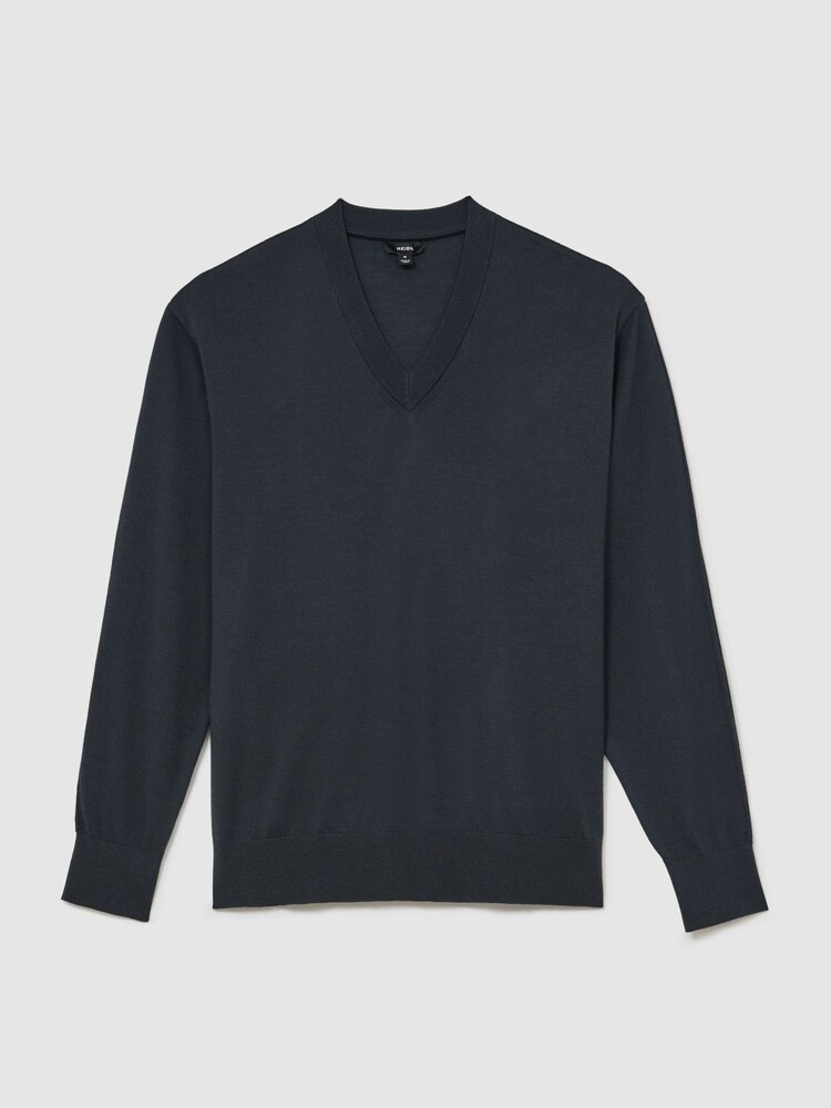 Reiss Vulcan Grey Earlsfield Merino Wool V-Neck Jumper - Image 2 of 6