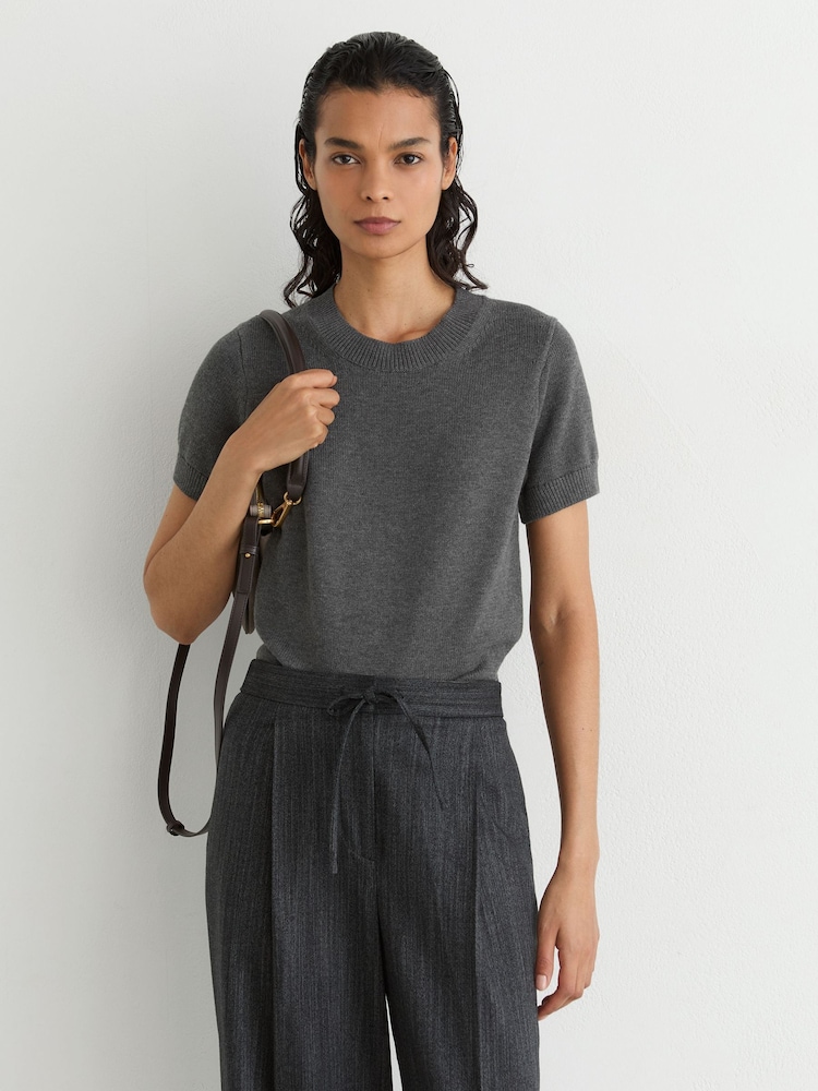 Reiss Grey Rita Cotton and Wool Short-Sleeve Knit Top - Image 1 of 6 Reiss Grey Rita Cotton and Wool Short-Sleeve Knit Top - Image 1 of 6