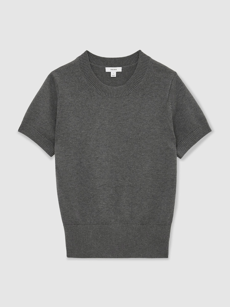 Reiss Grey Rita Cotton and Wool Short-Sleeve Knit Top - Image 2 of 6 Reiss Grey Rita Cotton and Wool Short-Sleeve Knit Top - Image 2 of 6