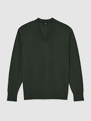 Reiss Dark Green Earlsfield Merino Wool V-Neck Jumper - Image 2 of 6