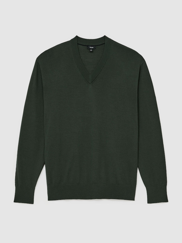Reiss Dark Green Earlsfield Merino Wool V-Neck Jumper - Image 2 of 6