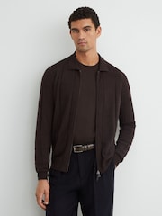 Reiss Dark Brown Martindale Wool Check-Textured Zip-Through Cardigan - Image 1 of 6