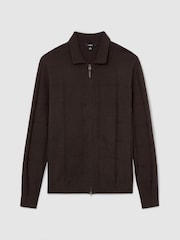 Reiss Dark Brown Martindale Wool Check-Textured Zip-Through Cardigan - Image 2 of 6