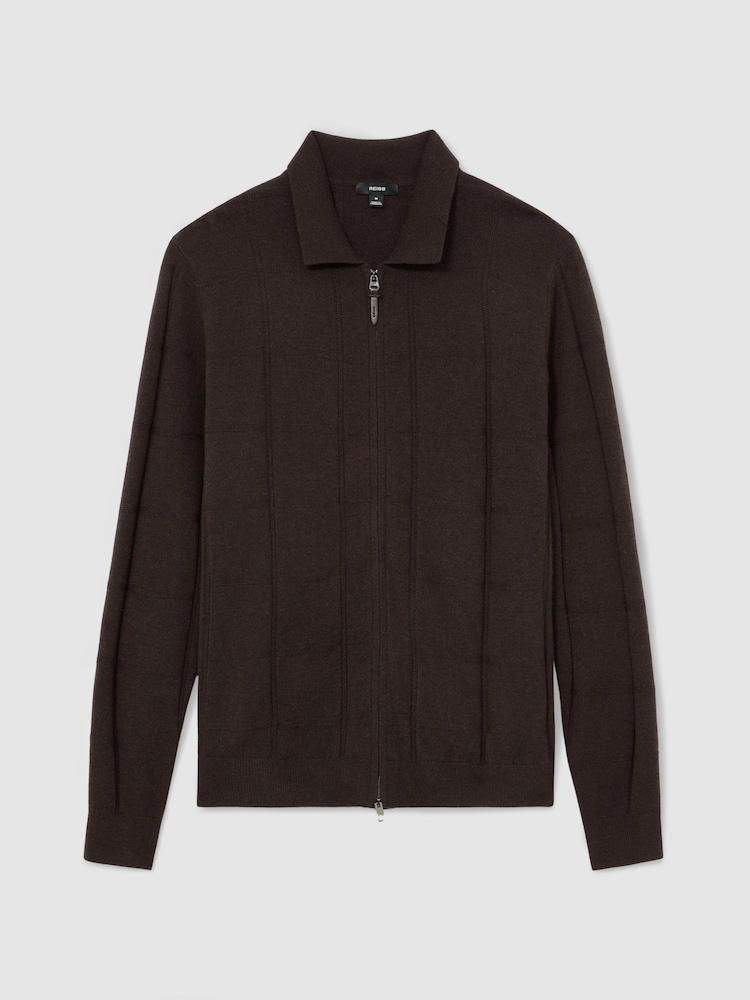 Reiss Dark Brown Martindale Wool Check-Textured Zip-Through Cardigan - Image 2 of 6 Reiss Dark Brown Martindale Wool Check-Textured Zip-Through Cardigan - Image 2 of 6