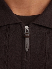 Reiss Dark Brown Martindale Wool Check-Textured Zip-Through Cardigan - Image 3 of 6